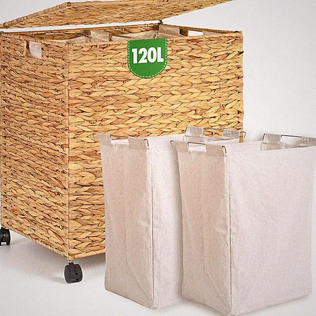 Wicker Laundry Hamper 2 Sections with Lid & Wheel, 30 Gallon (120 L) Handwove...