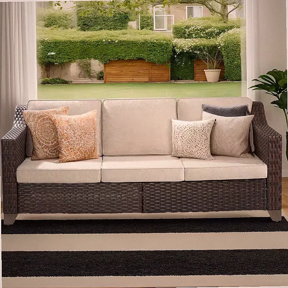 Wicker Outdoor Patio Sectional Sofa with Beige Cushions