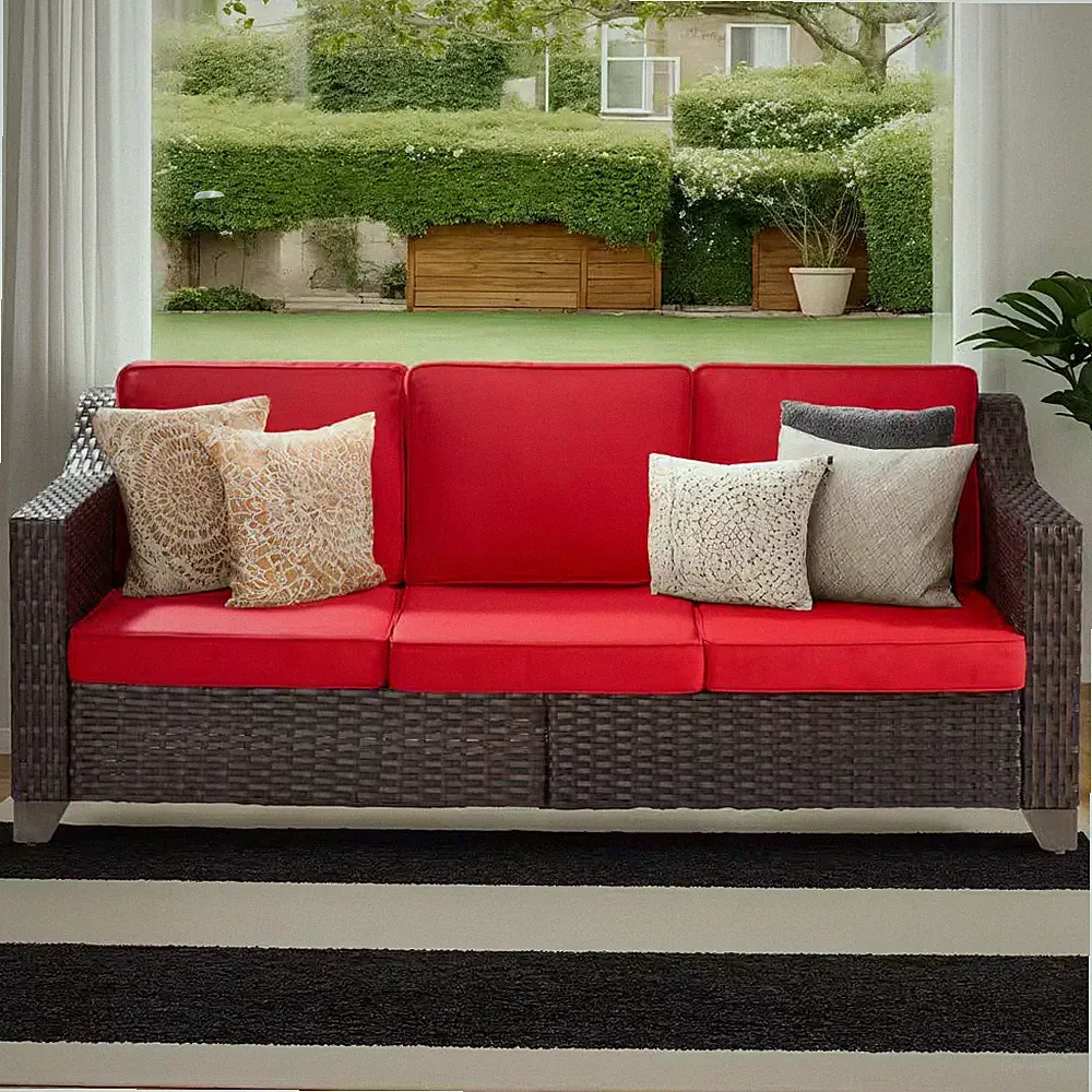 Wicker Outdoor Patio Sectional Sofa with Red Cushions