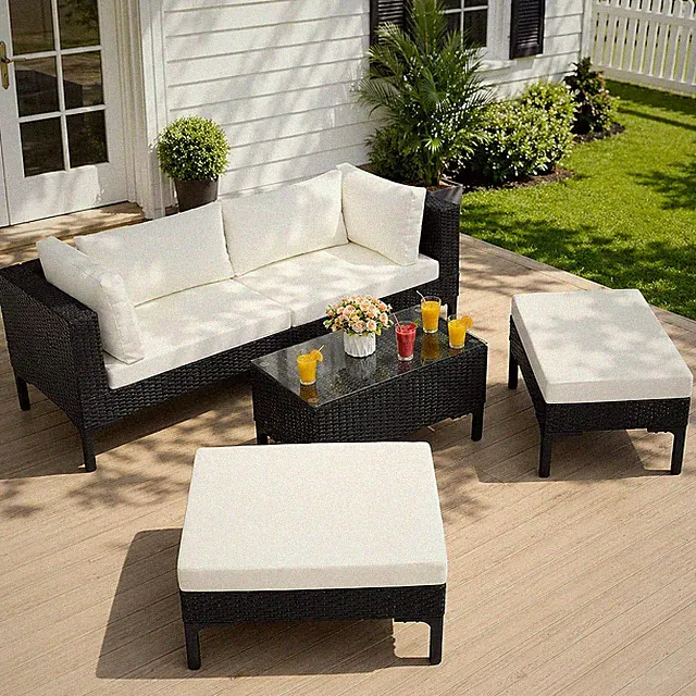 Wicker Patio Conversation Set with Aluminum Frame, 5 Piece Outdoor Modular Secti