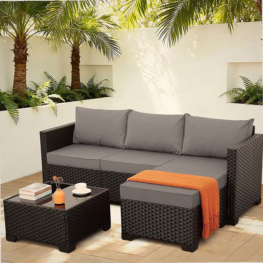 Wicker Patio Furniture Patio Couch 3 Pieces Outdoor Sectional with Ottoman