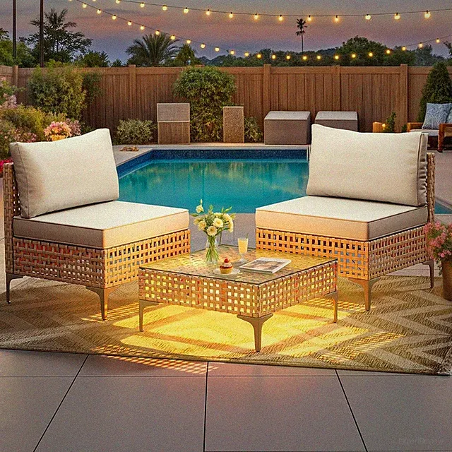 Wicker Patio Furniture Set 3 Pieces Outdoor Sectional Sofa with Solar Light Tabl