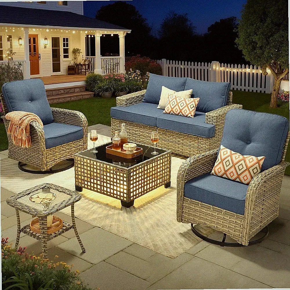 Wicker Patio Furniture Set with Swivel Chairs, 6 Pieces Outdoor Sectional with G