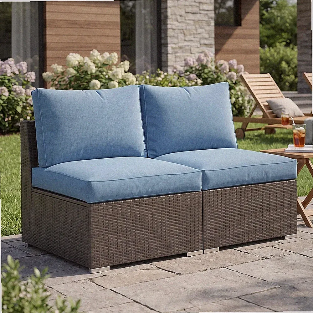 Wider 2 Pieces Outdoor Sofa, Patio Rattan Sectional Sofa, All-Weather Wicker Arm