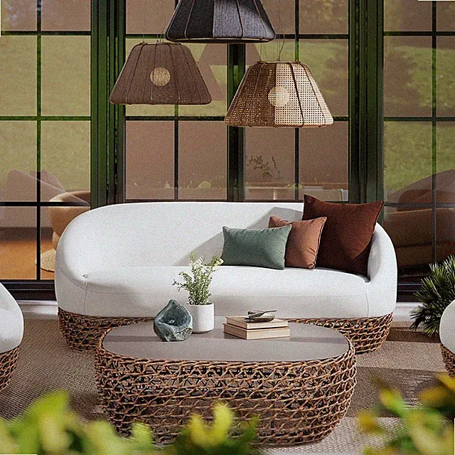 Willow 71" Upholstered Woven Patio Deep Seating Sofa Beige Wicker Frame Olefin