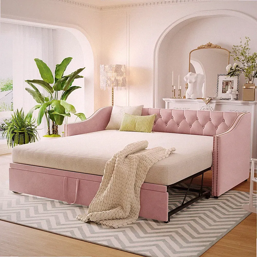 win to King Design Upholstered daybed with Pop Up Trundl Bed Frame Sofa Bed