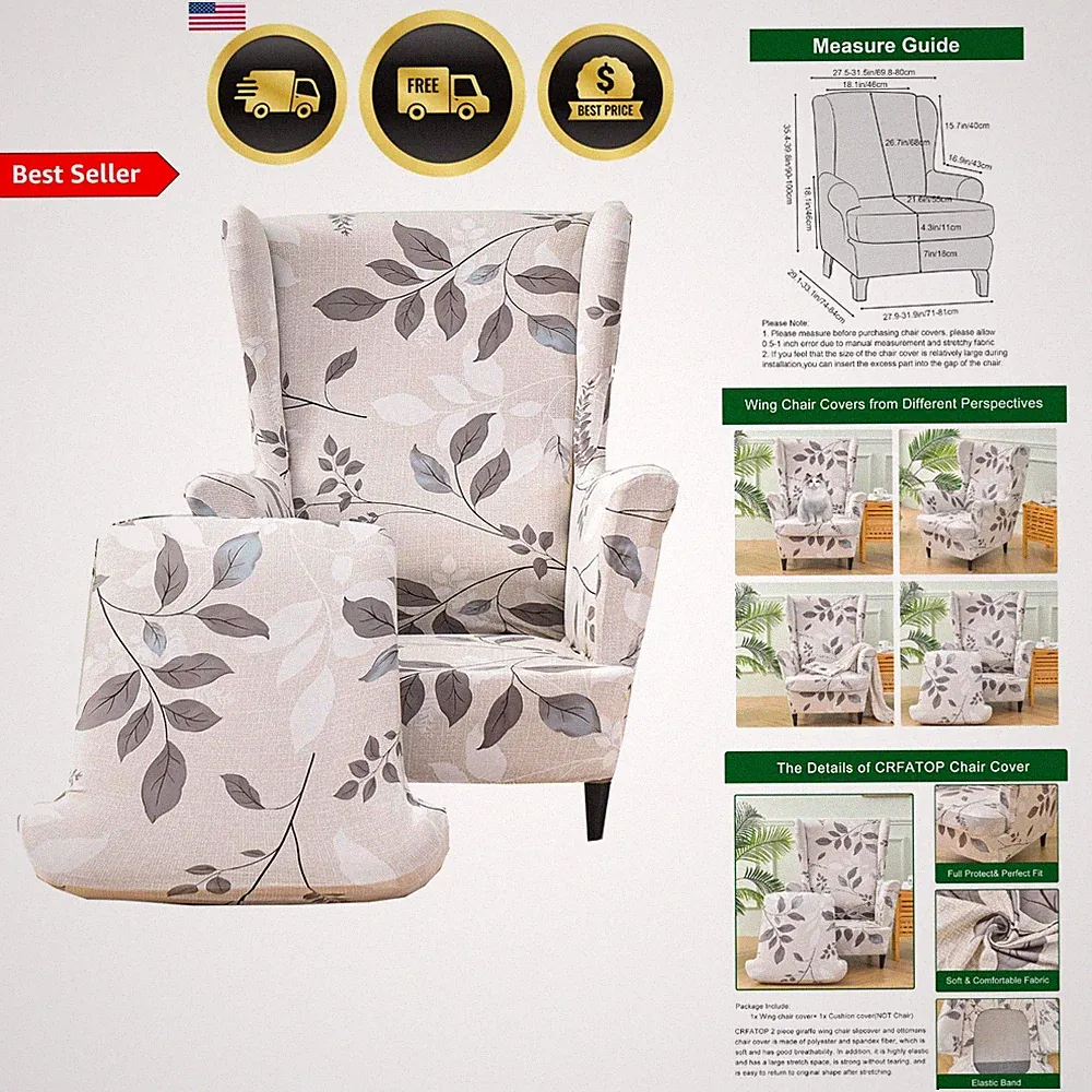 Wingback Chair Cover Slipcover 2 Pieces Stretch Floral Washable Furniture Pro...
