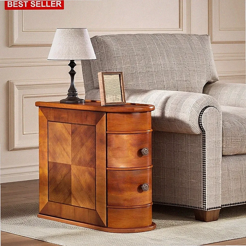 Wood End Table 2 Drawers Sofa Side No Assembly Required Vintage Slim