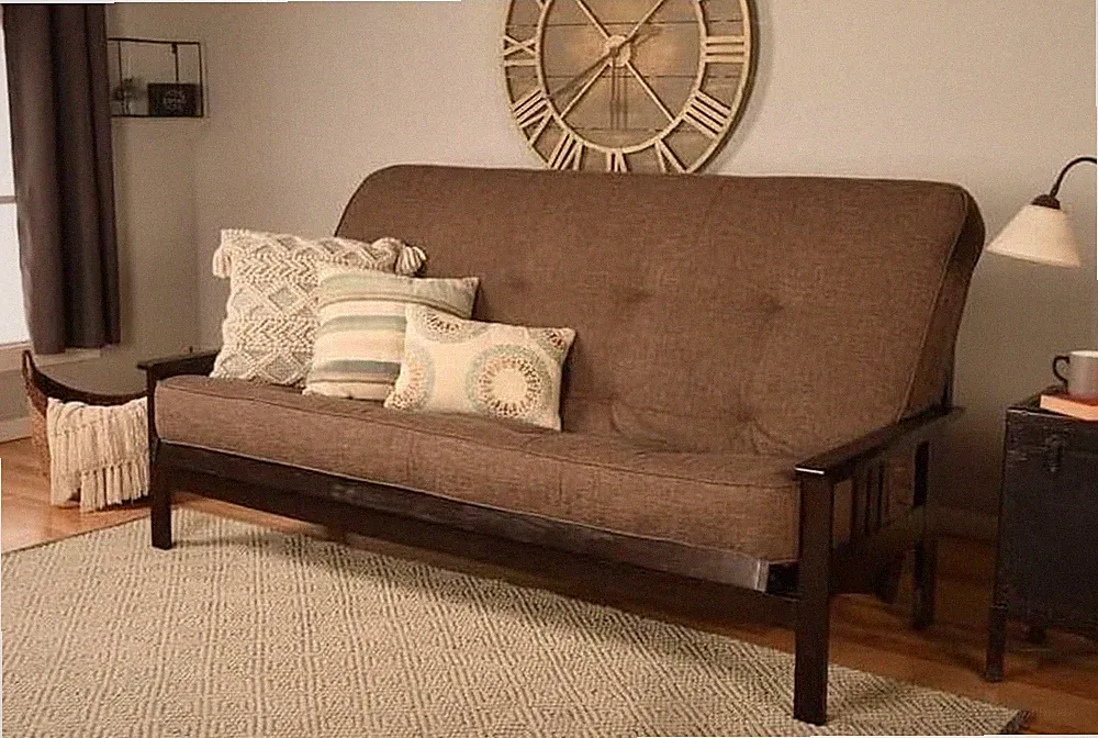 Wood Futon Frame Queen Size - Classic Style Sofa Bed with Mission Arms Linen Coc