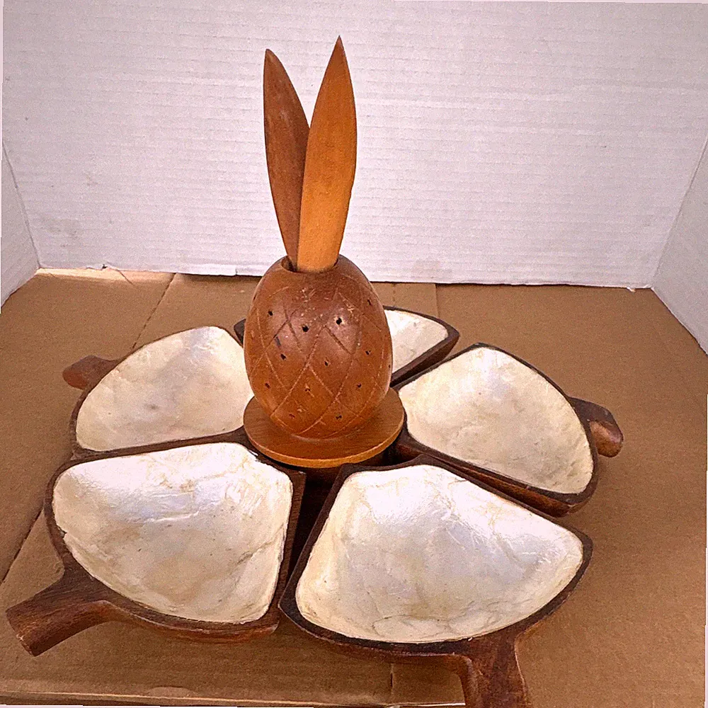 Wood Mother of Pearl Serving Tray, 5-Compartment Sectional Set w/ Spoons