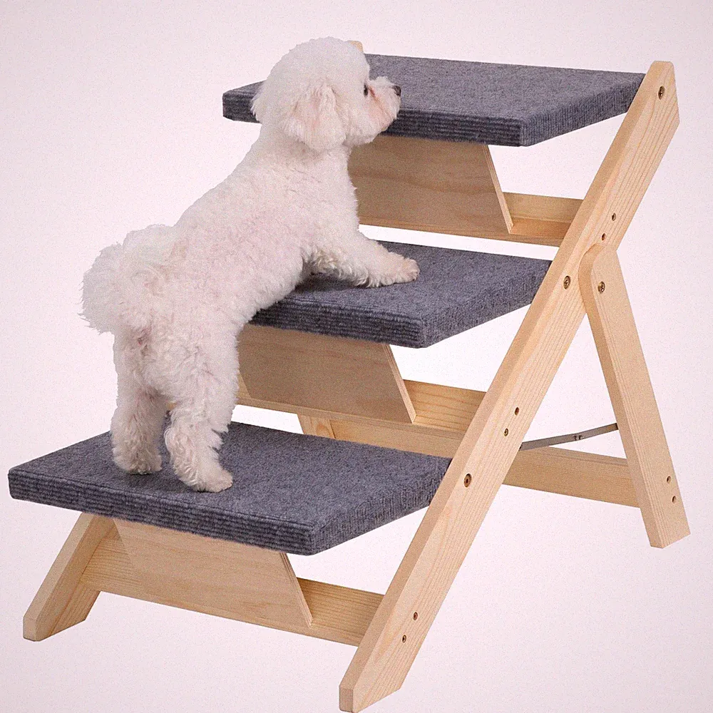 Wood Pet Steps 3 Step Foldable Dog Ramp Carpeted Stairs for High Bed Sofa 150LB