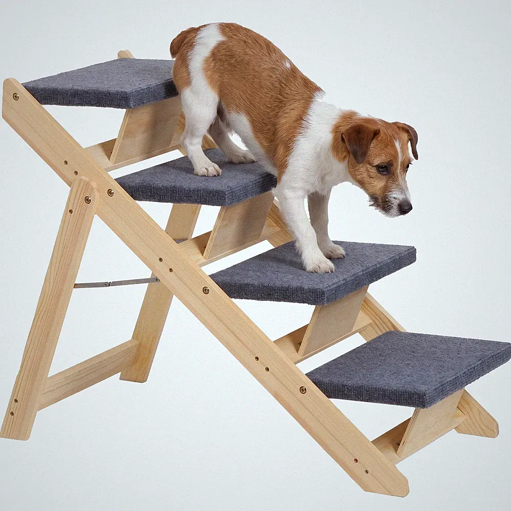 Wood Pet Steps 4 Step Foldable Dog Ramp Carpeted Stairs for High Bed Sofa 150LB
