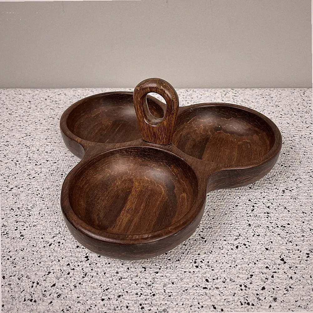 Wood Three Section Snack Server Condiment Relish Serving Tray Boho