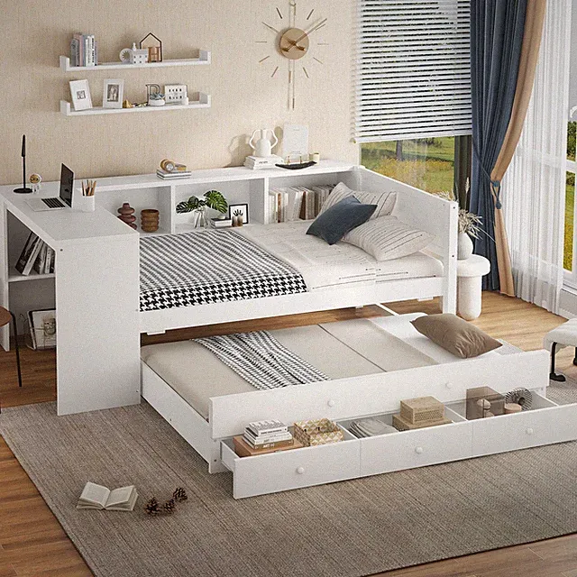 Wood Twin Size Daybed with Trundle Sofa Bed W/ Drawers Side Shelves / Desk White