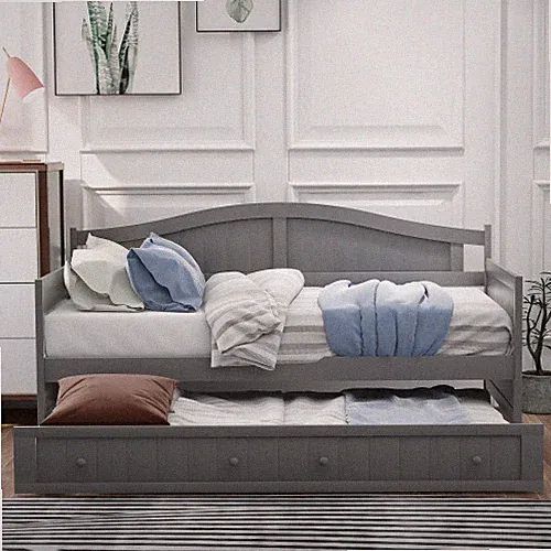 Wooden Daybed with Trundle Sofa Bed Twin Size Bed for Bedroom Living Room Gray
