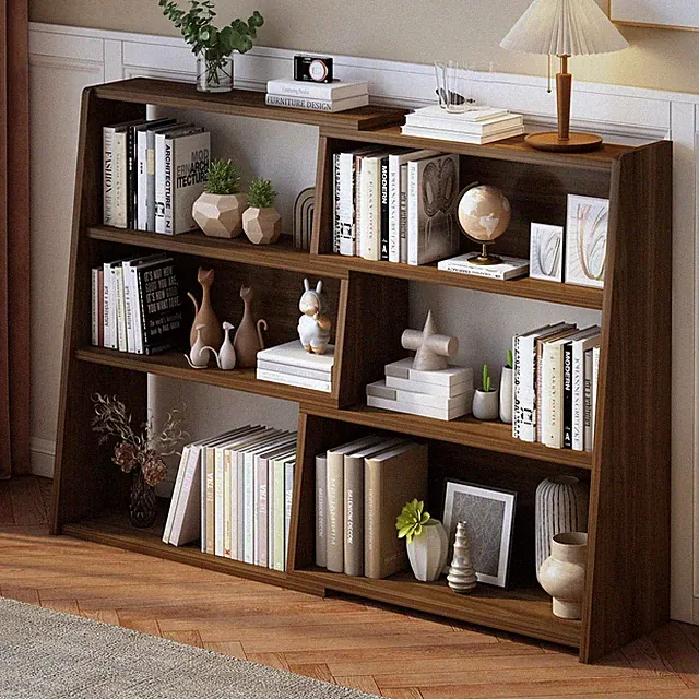 Wooden Extendable Shelf Bookcase, 3-Tier Low Bookshelf, Walnut, L