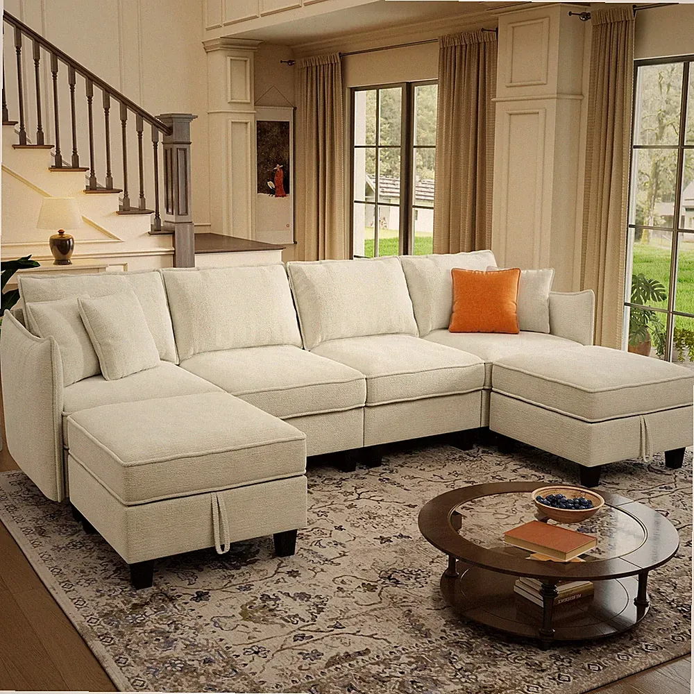 WorthFurni 112" Modular Sectional Sofa U Shape Couches Storage Ottoman And