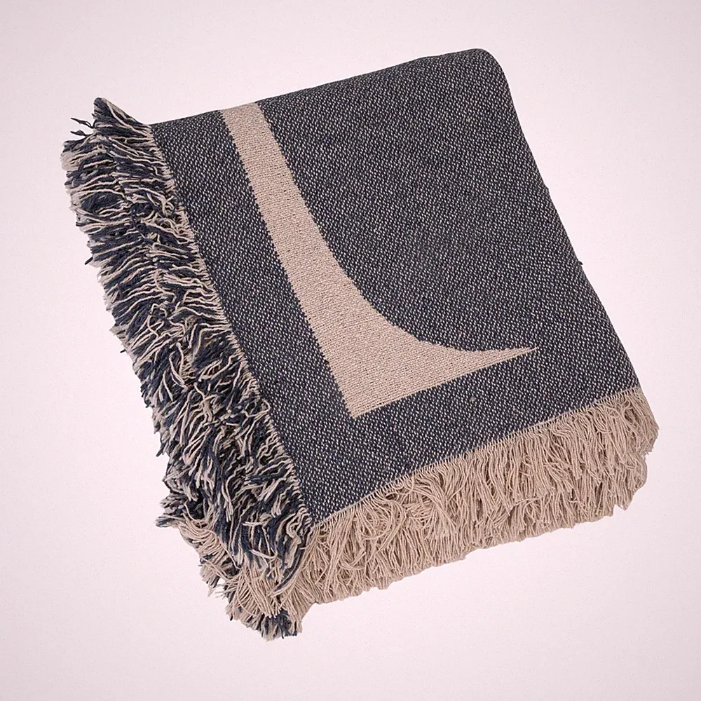 Woven Cotton Blend Jacquard Throw Blanket, Natural, Blue, Soft, Sofa, Bed, Decor