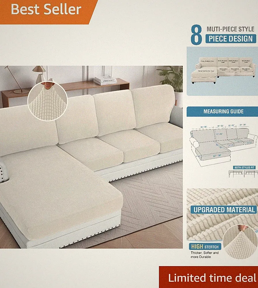Wrinkle-Free 8-Piece Sofa Covers in Ivory - Stylish Protection for Sectionals