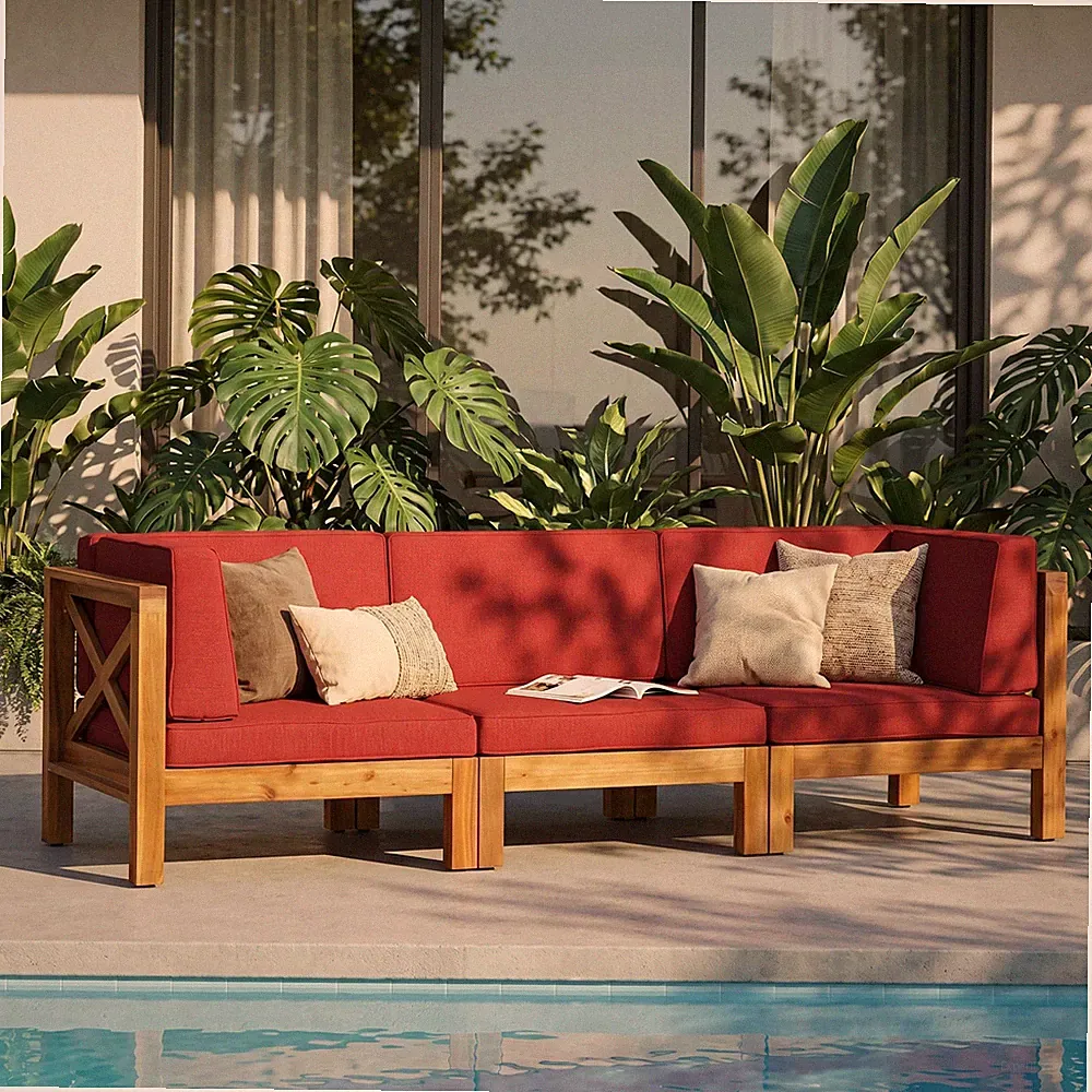 X-Back 3 Seater Outdoor Sectional Sofa Set, Red Acacia Wood