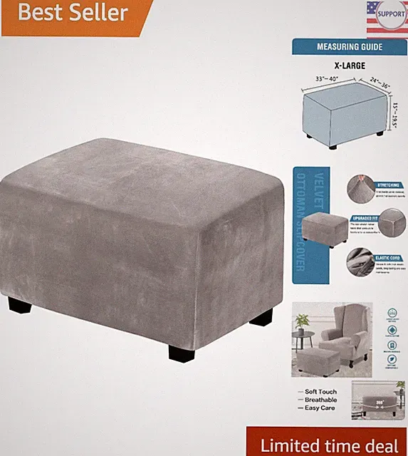 X-Large Velvet Stretch Ottoman Slipcover in Taupe - Soft & Water-Repellent