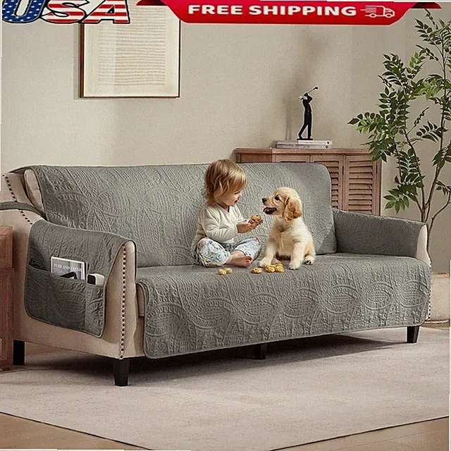 X-Large Water Repellent Anti-Slip Microfiber Sofa Cover W/ Pockets Easy Care New