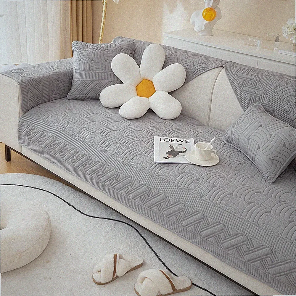 XSlive Farmhouse Cotton Quilted Sofa Cover Weave Pattern Embroidery Sectional
