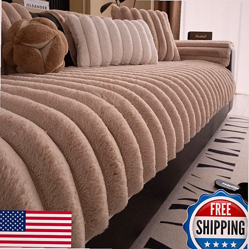 Xslive Faux Rabbit Fur Couch Sofa Cover Washable Shaggy Fuzzy Sectional Couch