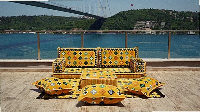 Yellow Arabic Floor Sofa, Moroccan Sofa, Modular Cushion, Garden Sofas, Pillows