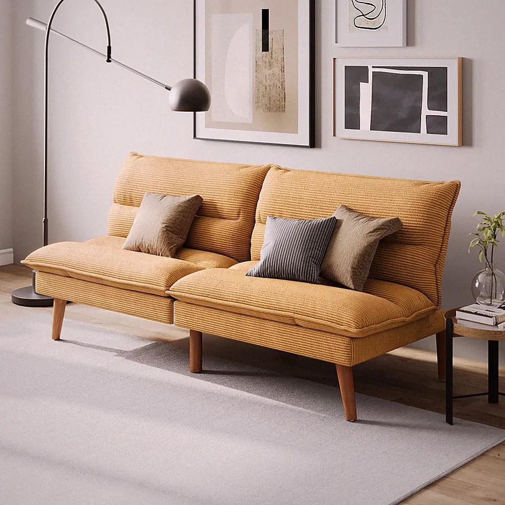 Yellow Corduroy Futon Sofa Bed With Adjustable Backrest Modern Loveseat