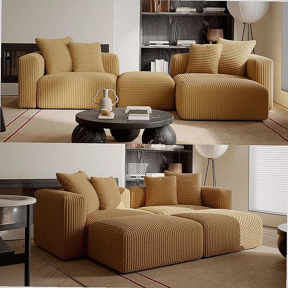 Yellow Corduroy L-Shaped Sectional Sofa, 4-Seater Convertible Couch for Small Sp