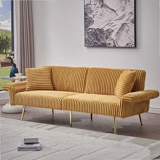 Yellow Modern 79-Inch Comfy Corduroy Sofa Futon Bed And Pillows With Gold Legs