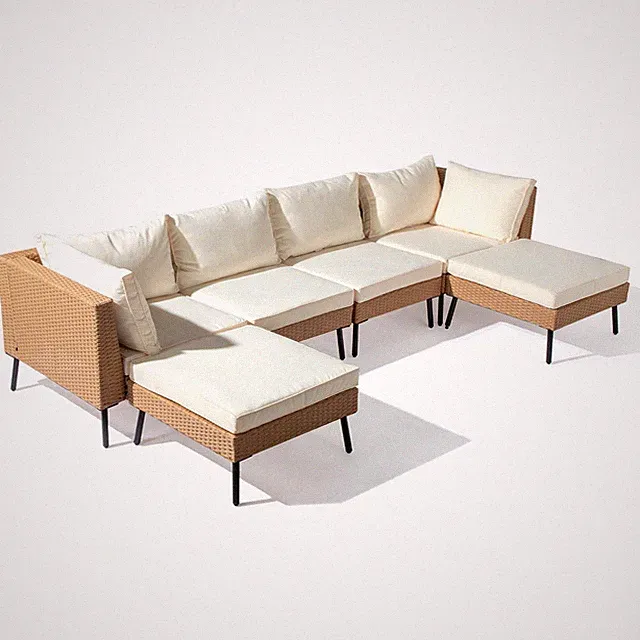 Yellow Rattan 6-Piece Sofa Set, Iron Legs, Armless Corner Sofas & Footstools