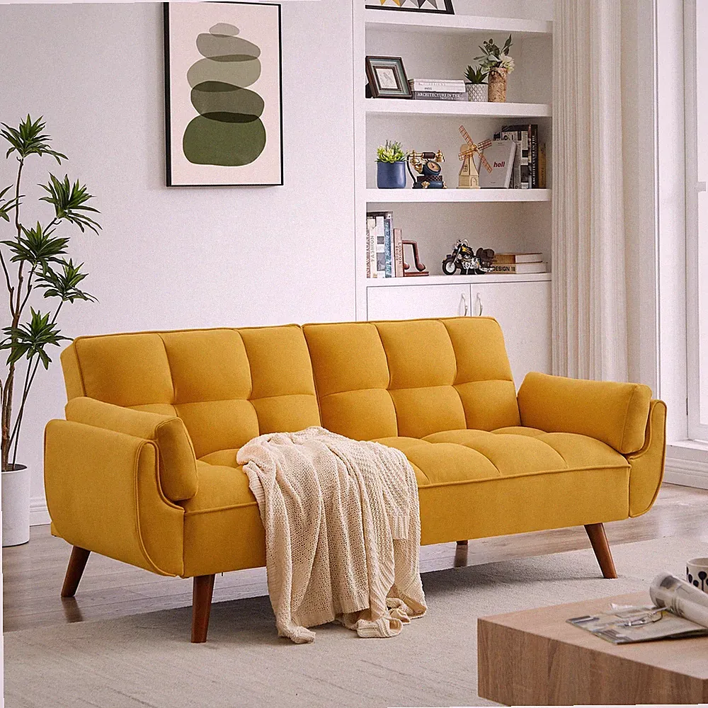 Yellow Velvet Convertible Loveseat Sleeper Sofa Adjustable Backrest Folding Bed