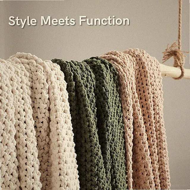 YnM Chunky Cotton Knit Throw Blanket, Comfy & Relaxing, Boho Rustic Scandinavian