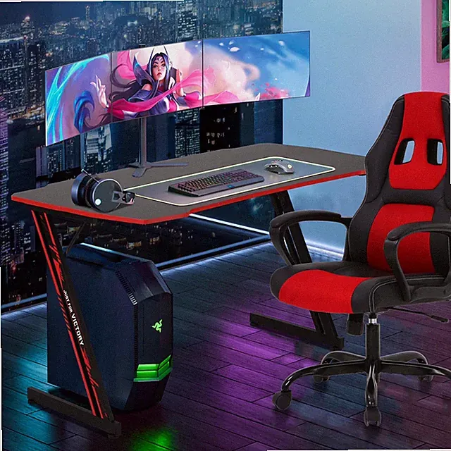 Z-Shaped Gaming Desks with Headphone Hook and Adjustable Feet Gaming Table Desk
