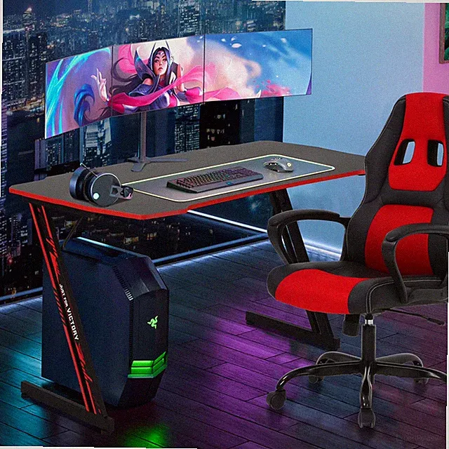 Z-Shaped Gaming Desks with Headphone Hook and Adjustable Feet Gaming Table Desk