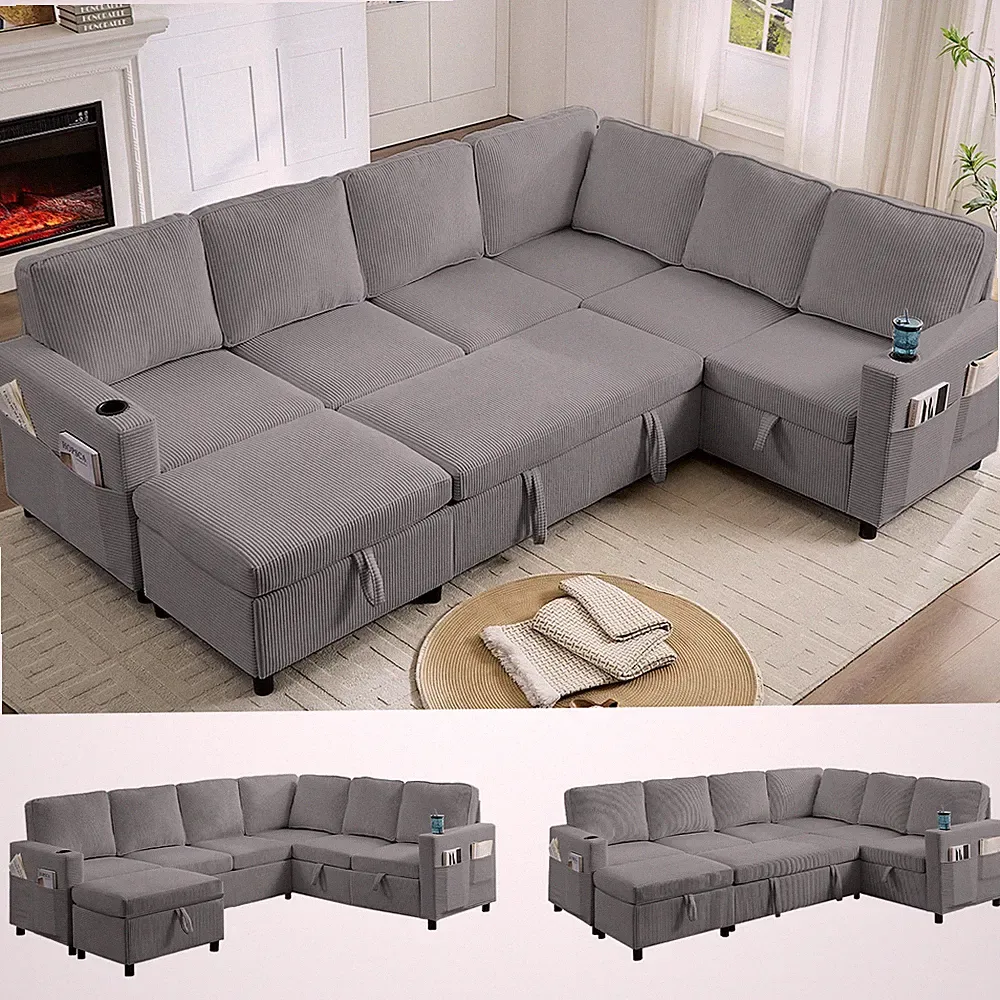 Zafly 100" Sectional Sleeper Sofa, U Shaped Sectional Couch Bed with Storage