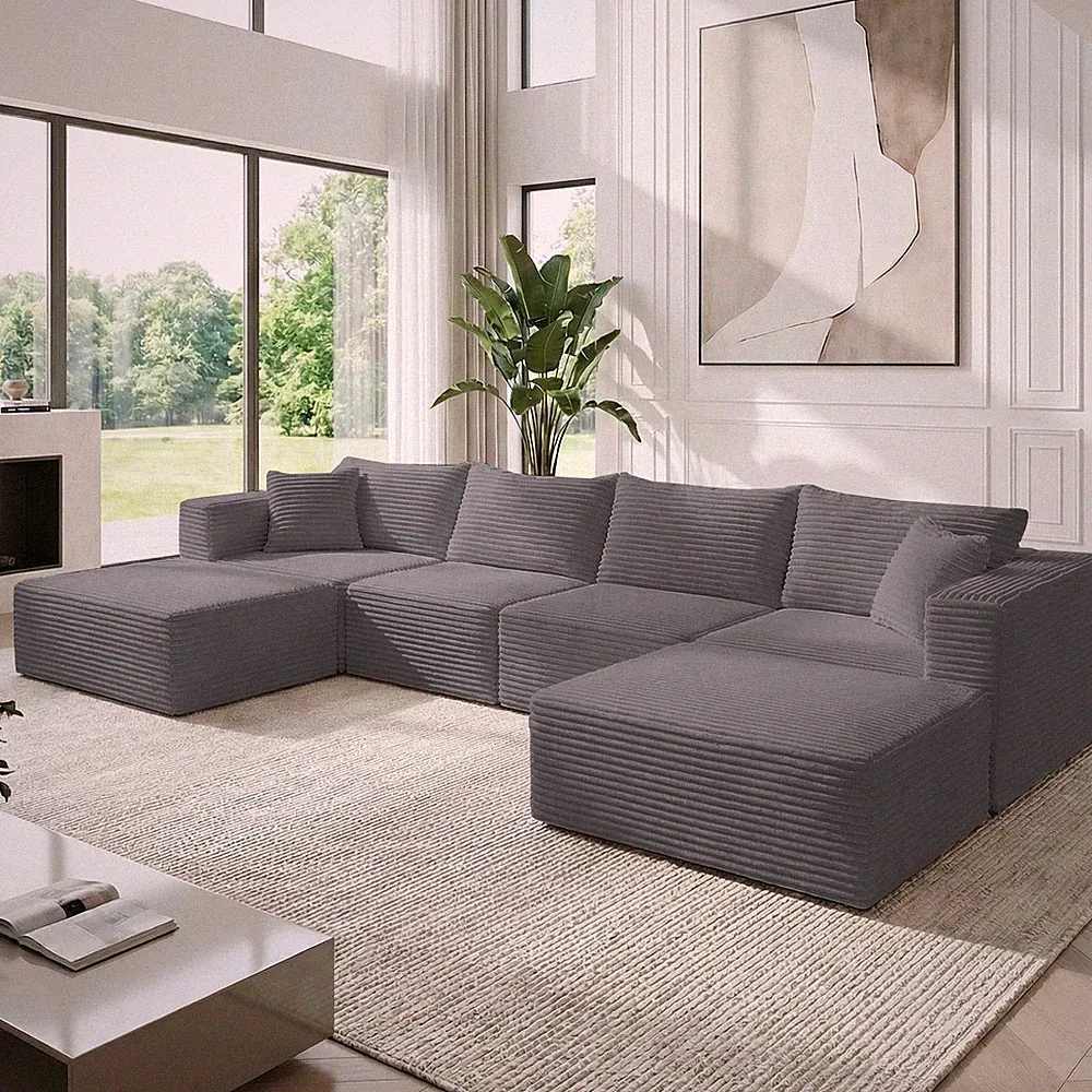 Zafly 150" Oversized Modular Sofa, 6 Seater Corduroy U shaped Sectional Sofa