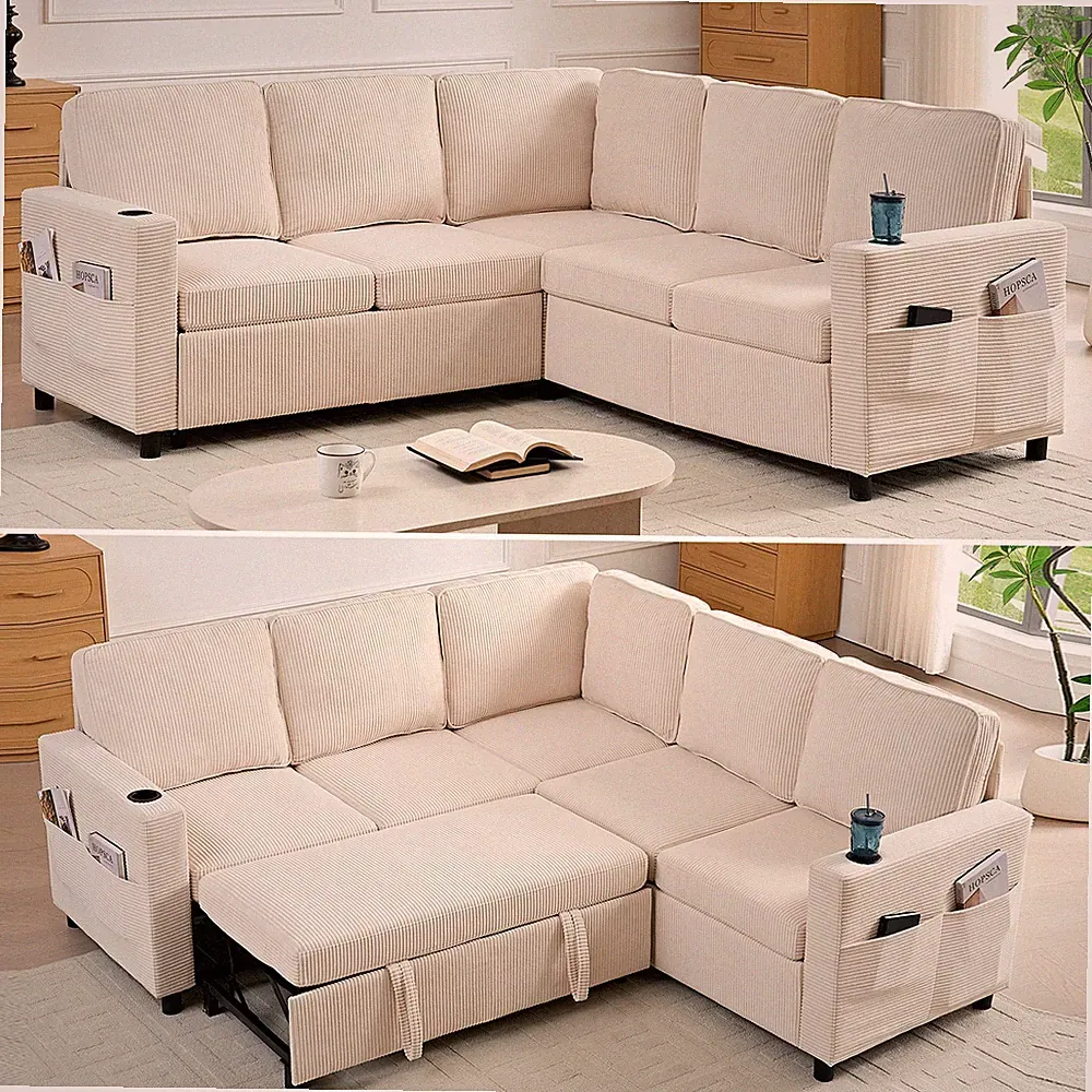 Zafly 82.3"W Corduroy Sectional Sleeper Sofa, Pull Out Couch Bed with Storage