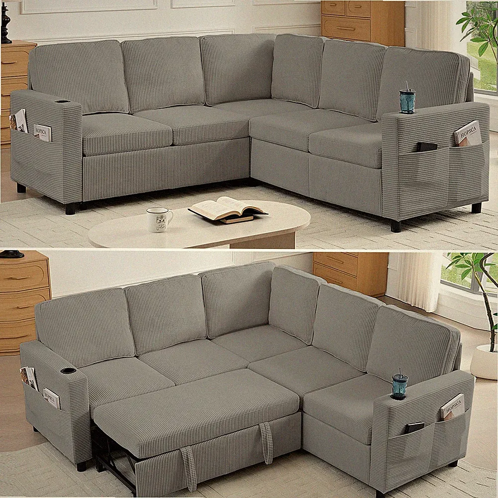 Zafly 82.3"W Corduroy Sectional Sleeper Sofa, Pull Out Couch Bed with Storage