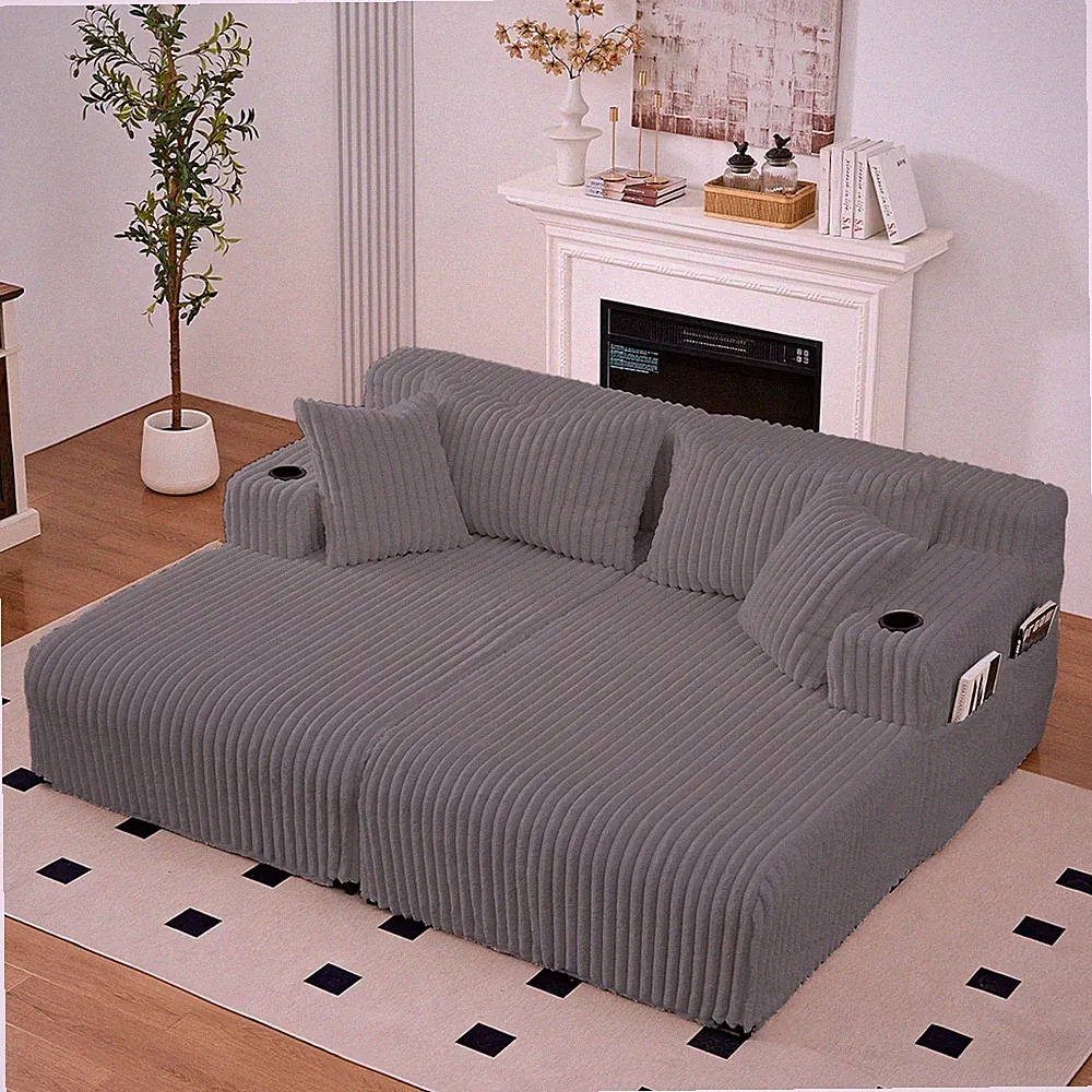 Zafly 85“W Double Chaise Lounge Chair Indoor, Oversized Corduroy Sectional Sofa