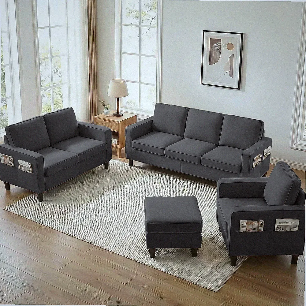 Zafly Living Room Sofa Set, Include Sofa, Loveseat, Armchair and Storage Ottoman