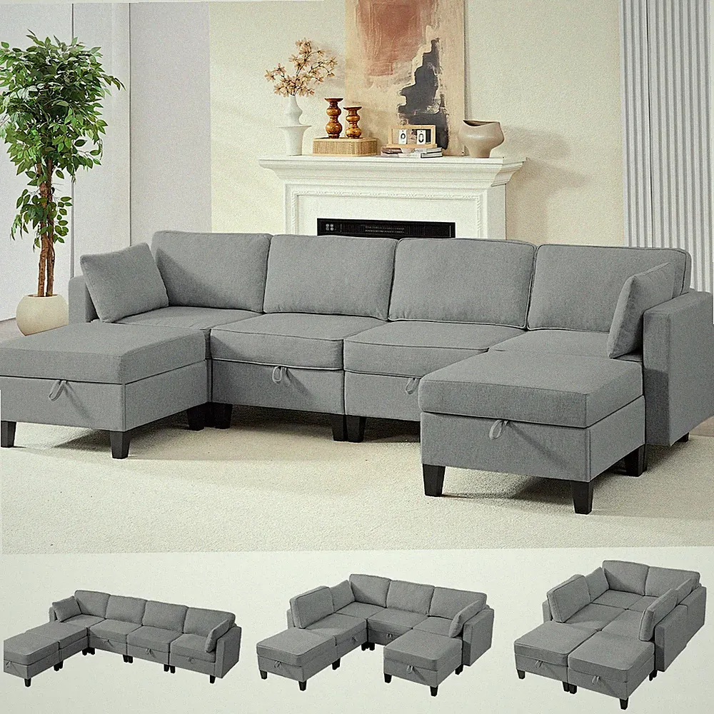 Zafly Modern Modular U-Shaped Sectional Storage Sofa with Ottoman,6 Seats Couch