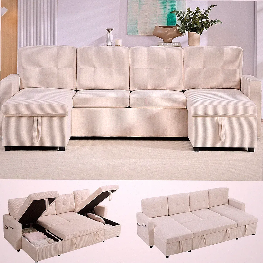 Zafly Pull Out Sofa Bed Sectional Storage Sofa with Side Pockets,Corduroy, Beige