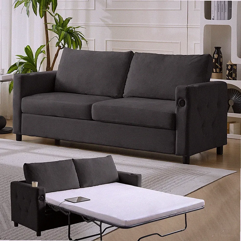 Zafly Queen Pull Out Sofa Bed, Sleeper Sofa with Mattress, USB Port & Cup Holder
