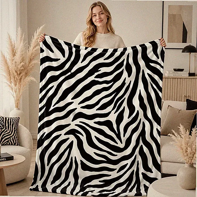 Zebra Print Flannel Blanket Soft Cozy Throw Blanket All Season Sofa Bed Cover Ho