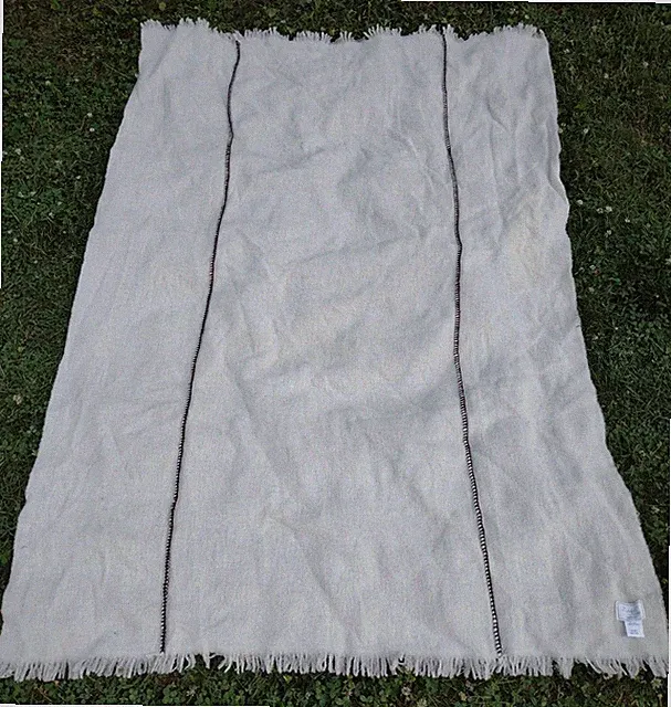 Zighilli Italian Wool Throw Cream Brown Stitch Fringe Rustic Farmhouse 76x52
