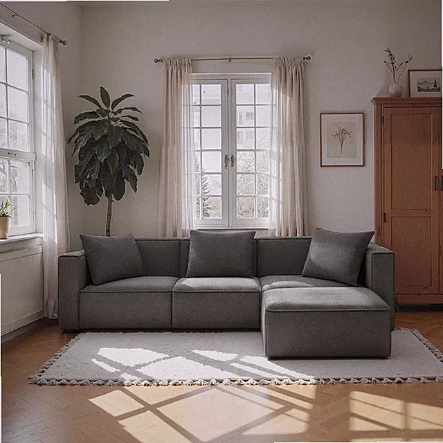Zola Modular Sectional Living Room Sofa Set, L-Shape | Movable Ottoman, Solid Wo